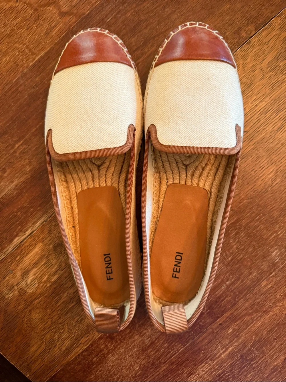 Fendi Cream Canvas and Brown Leather-Trim Espadrilles